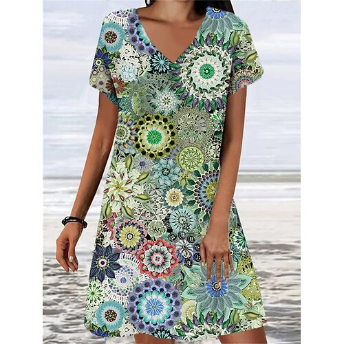 

Dame T-skjorte kjole Uformell kjole T skjortekjole Blomstret Geometrisk Trykt mønster V-hals Mini kjole Mote Moderne utendørs Daglig Kortermet Normal Blå Grønn Sommer Vår S M L XL XXL
