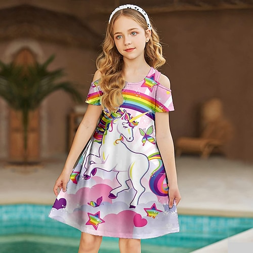 

vestido infantil para meninas unicórnio animal uma linha vestido férias diárias patchwork impressão rosa acima do joelho manga curta vestidos doces verão solto 3-12 anos