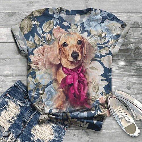 

Damen T Shirt Gras-Grün Weiß Elfenbein Katze Hund Bedruckt Kurzarm Täglich Wochenende Basic Rundhalsausschnitt Standard 3D Cat Farbe S