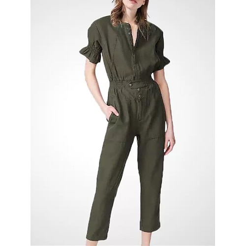 

Women's Jumpsuit Pocket Solid Color V Neck Streetwear Daily Going out Regular Fit Short Sleeve Army Green Navy Blue S M L Spring