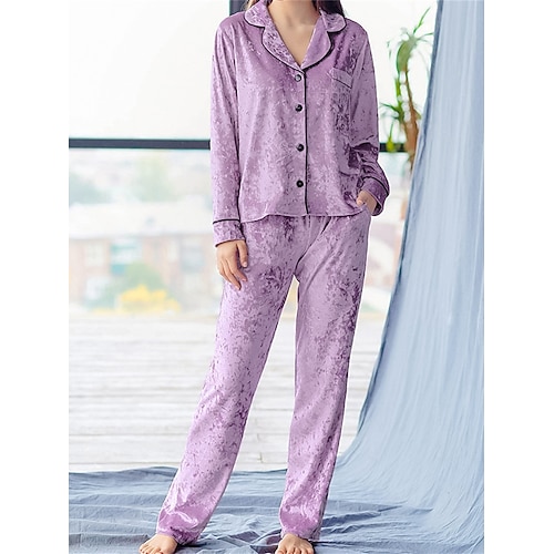 

Dame Pyjamas Pyjamas top og bukser Sæt Ren farve Afslappet Komfort Blødt Hjem Daglig Seng Fløjl Varm Knaphul Langærmet Skjorte Bukse Knap Lomme Efterår Forår Lilla Grå