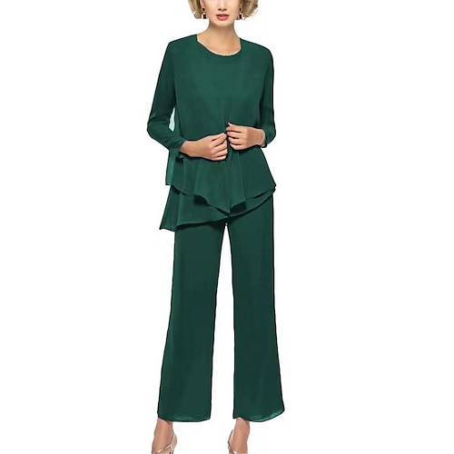 

Pantalone Abito 3 pezzi Abito da cerimonia per signora Vintage Elegante Girocollo Alla caviglia Chiffon Manica lunga Stola inclusa con Con balze Tinta unita 2023