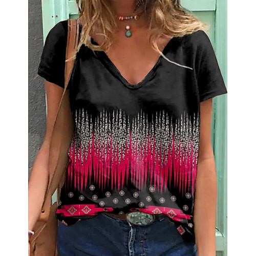 

T shirt Tee Femme Rouge Bleu Orange Graphic Imprimer Manche Courte du quotidien Fin de semaine basique Col V Normal Standard Peinture S