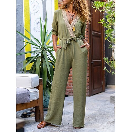 

Damen Jumpsuit mit Schnürung Tasche Feste Farbe V Ausschnitt Strassenmode Brautkleider schlicht Täglich Urlaub Regular Fit Langarm Schwarz Armeegrün Khaki S M L XL Frühling