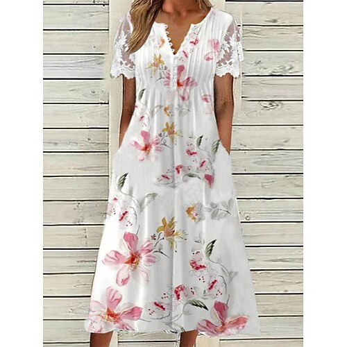 

Mujer Vestimenta casual Vestido de encaje Vestido de verano Floral Encaje Plisado Escote en Pico Vestido Midi Moda Moderno Cita Fin de semana Manga Corta Ajuste regular Blanco Primavera Verano S M L