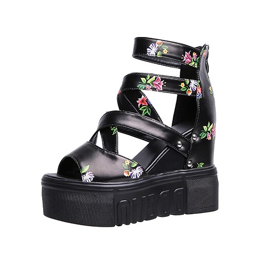 

Mujer Sandalias Sandalias con Cuña Diario Cremallera Tacón Cuña Punta abierta Casual Cuero Sintético Cremallera Floral Negro Blanco