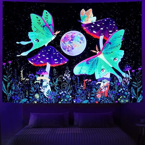 

trippy schmetterling schwarzlicht wandteppich uv reaktiv psychedelisch pilz mond schlafsaal wohnzimmer kunst dekoration wandbehang stoff