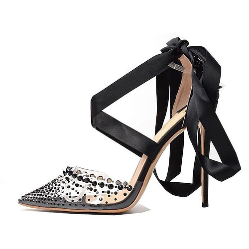 

Mujer Sandalias Tacones de aguja Fiesta Discoteca Corbata de Lazo Encaje Cuentas Tacón de Aguja Dedo Puntiagudo Elegante Sensual Cuero Sintético Mocasín Color sólido Negro 8cm Negro 12cm Negro 10CM