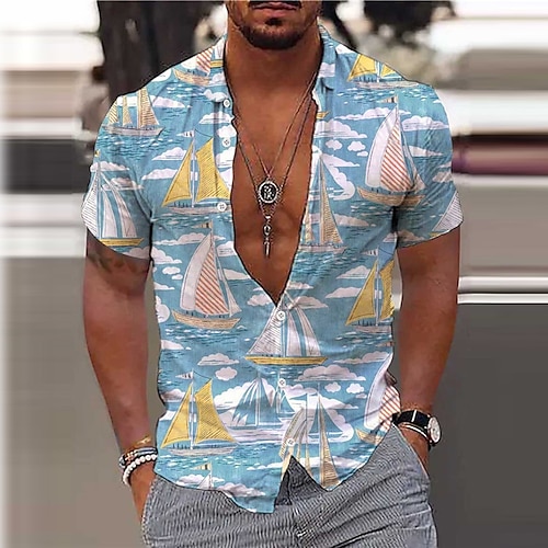 

Herren Hemd Hawaiihemd Sommerhemd Grafik-Drucke Schiff Umlegekragen Blau Strasse Casual Kurze Ärmel Button-Down Bedruckt Bekleidung Tropisch Sport Strassenmode Designer