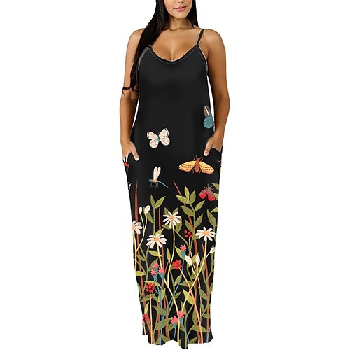 

Per donna Plus Size Abito casual Abito con bretelline Floreale Farfalla Abito lungo Abito lungo Senza maniche Stampa Con bretelline Romantico Giornaliero Nero Primavera Estate L XL XXL 3XL 4XL