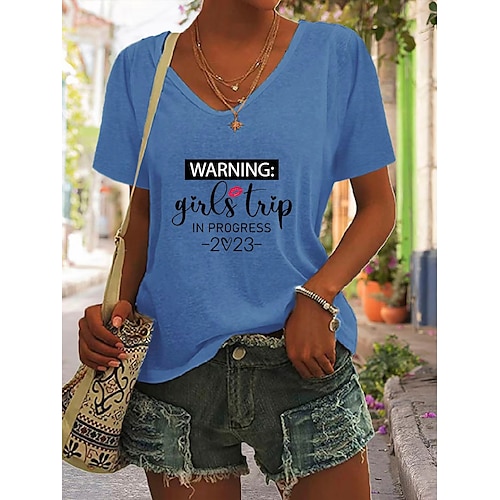 

T shirt Tee Femme Blanche Bleu Vert Graphic Lettre Imprimer Manche Courte Casual du quotidien basique Col V Normal Standard S