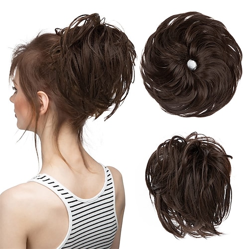 

hår rodet knold hårstykke fake bun scrunchies varmevenlig fiber syntetisk fuld sort brun kort hestehale forlængelse øjeblikkelig updo doughnut chignons elastisk scrunchy hårstykke til kvinder piger