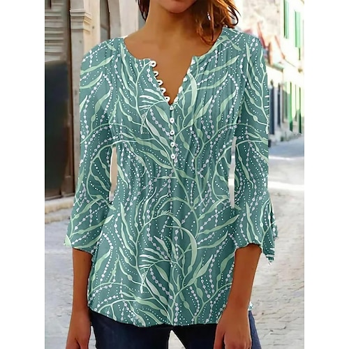 

Mujer Camisa Blusa Blanco Verde Trébol Hoja Floral Botón Estampado Manga 3/4 Festivos Fin de semana Básico Escote Redondo Regular Flor S