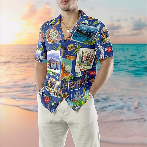 

Herren Hemd Hawaiihemd Sommerhemd Buchstabe Grafik-Drucke Reise Kubanisches Halsband Blau Casual Festtage Kurzarm Button-Down Bedruckt Bekleidung Tropisch Modisch Strassenmode Hawaiianisch