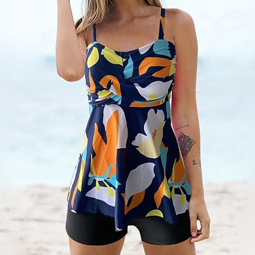 

Damen Badeanzug Tankini 2 Stück Normal Bademode 2 Teile Print Blumen Königsblau Tank Top Badeanzüge Sport Sommer