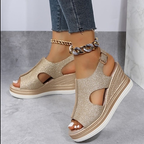 Women's Sandals Wedge Sandals Platform Sandals Plus Size Outdoor Daily Beach Summer Wedge Heel Peep Toe Casual Minimalism Leather Buckle Solid Color Silver Gold, lightinthebox  - buy with discount