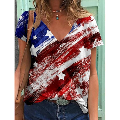 

Mulheres Camiseta Branco Vinho Vermelho Bandeira americana Imprimir Manga Curta Final de semana Dia da Independência Básico Decote V Padrão Pintura S