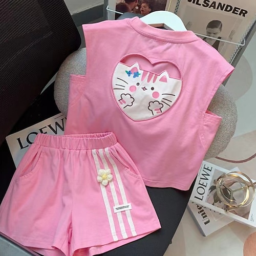 

2 deler Barn Jente Katt Tank Top & Shorts Set Sett Ermeløs Aktiv Avslappet 3-7 år Vår Rosa Blå