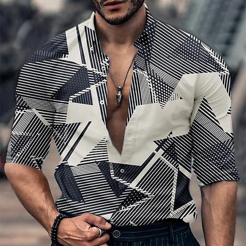 

Homme Chemise Imprimés Photos Géométrie Col rabattu Gris Extérieur Plein Air manche longue Bouton bas Imprimer Vêtement Tenue Tropique Mode Design Flexible