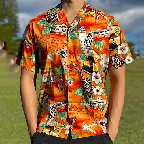 

Hombre Camisa camisa hawaiana Estampados Música Cuello Vuelto Naranja Verde Trébol Casual Festivos Manga Corta Abotonar Estampado Ropa Tropical Moda Hawaiano Suave