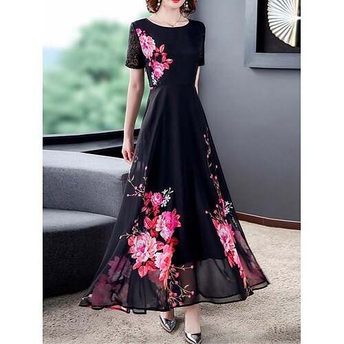 

Per donna Abito lungo Abito lungo Abito casual Vestito svasato Abito stampato Floreale Streetwear Informale Esterno Giornaliero Per eventi Stampa Manica corta Girocollo Vestito Standard Nero