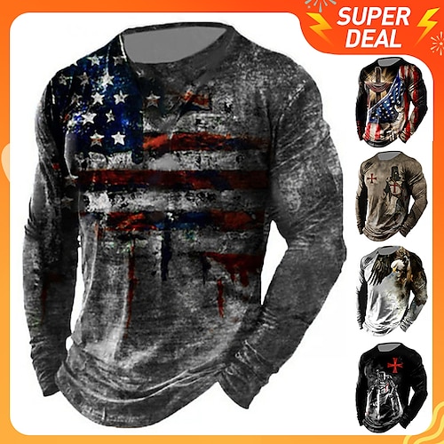 

Men's T shirt Tee Graphic Prints National Flag Crew Neck Khaki Dark Grey Black Purple Black / Red Black / Brown 3D Print Outdoor Street Long Sleeve Print Clothing Apparel Basic Vintage Sports
