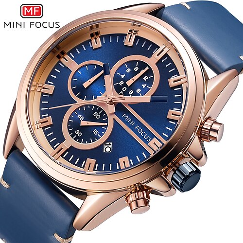 

Mini focus mode montre hommes quartz étanche sport montres-bracelets pour hommes chronographe bleu véritable bracelet en cuir montre à quartz