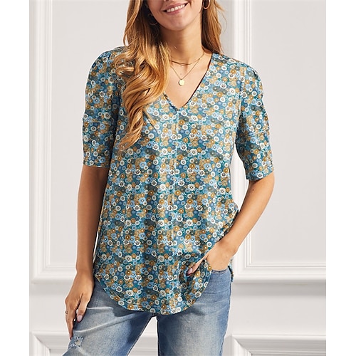 

Damen T Shirt Himmelblau Graphic Blume Patchwork Bedruckt Halbärmel Casual Täglich Chinoiserie V Ausschnitt Standard Blume Übergröße S