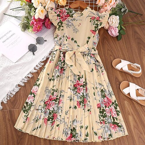 Silk Floral Print Dress Long Sleeve Long Sleeve Patchwork Dress Bow Belt  Casual Girls Patchwork Dress With Bow Belt Long Sleeve Letter Print Dress  Size 1-8 Years Girls Fall Dresses Size