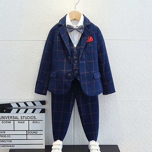 

4 pezzi Bambino Da ragazzo Completo e giacca Camicia e pantaloni Vestito A quadri Manica lunga Impostare Formale Essenziale Di tendenza Autunno Primavera 7-13 anni Blu marino