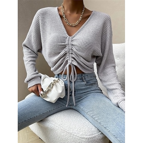 

Pull Maille Femme Gauffré Tricoter énorme Couleur unie Col V mode Casual du quotidien Sortie manche longue Automne Printemps Noir Blanche XS S M