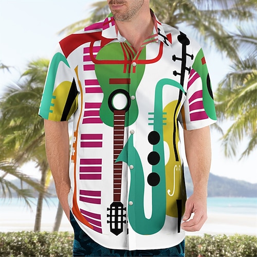 

Homens Camisa Social Camisa havaiana Estampas Abstratas Música Guitarra Jazz Aberto para a Lateral Amarelo Claro Branco Amarelo Azul Roxo Rua Casual Manga Curta Botão para baixo Imprimir Roupa