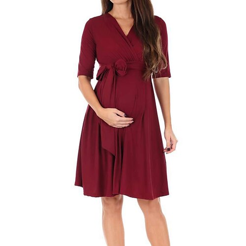 

baby shower da donna abito premaman abito casual abito svasato abito midi tinta unita mezza manica con lacci scollo a V vino blu scuro primavera estate s m l xl xxl