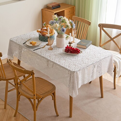 

Spitzentischdecke, weiße Vintage-Tischdecke, leichte rustikale Tischdecke, für Hochzeitsessen, mit luxuriös besticktem Blumenweiß