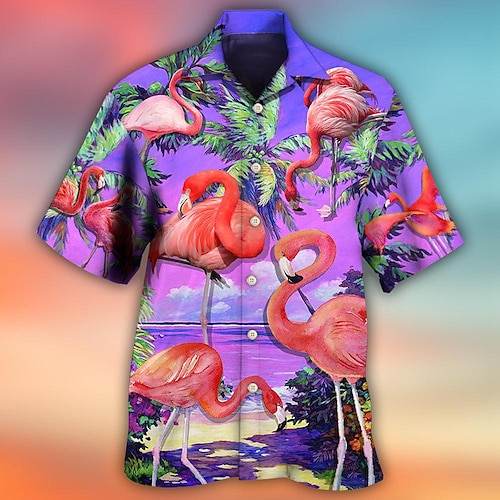 

Homme Chemise Chemise hawaïenne Flamant Imprimés Photos Col rabattu Violet Casual Vacances Manche Courte Bouton bas Imprimer Vêtement Tenue Tropique Mode Vêtement de rue Hawaïen