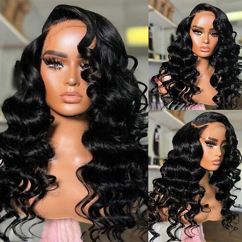 

Ubearbeidet jomfruhår 13x4 blonder foran Parykk Gratis del Brasiliansk hår Bølget Svart Parykk 130% 150% Hair Tetthet med baby hår Naturlig hårlinje 100% Jomfru limfrie Pre-Plucked Til parykker for