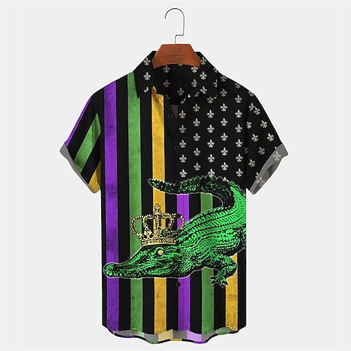 

Men's Shirt Summer Hawaiian Shirt Crocodile Striped Graphic Prints Mardi Gras Turndown Black Daily Holiday Short Sleeves Button-Down Print Clothing Apparel Tropical Fashion Streetwear Hawaiian