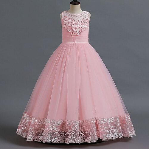 

Barn Jente Festkjole Helfarge Festkjole Maksi Kjole Spesiell Leilighet Netting Crew-hals Ermeløs Elegant Kjole 4-13 år Vår Hvit Champagne Rosa
