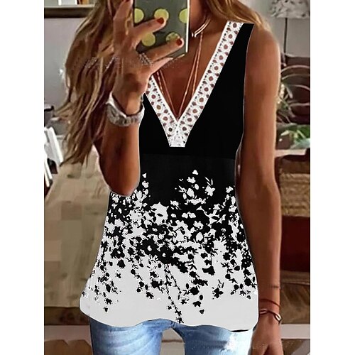 

Women's Tank Top Black White Red Floral Lace Trims Print Sleeveless Casual Holiday Basic V Neck Regular Floral S