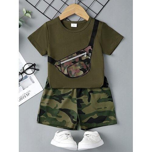 

2 pezzi Bambino (1-4 anni) Da ragazzo T-shirt e pantaloncini Vestito Pop art Camouflage Manica corta Tasche Impostare Scuola Boho Autunno Estate 3-7 anni Verde militare