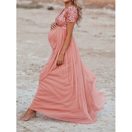 

kvinders baby shower gravidkjole photoshoot kjole festkjole pailletter kjole swing kjole farve blok maxi kjole kortærmede pailletter mesh v-hals elegant fest pink forår sommer s m l xl