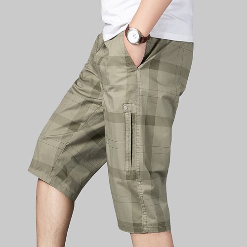 

Homme Short Cargo Short short capri Poche Cordon Taille elastique Plaid Respirable Vestimentaire Mollet Casual du quotidien Vacances 100% Coton basique Sportif Vert militaire Vert