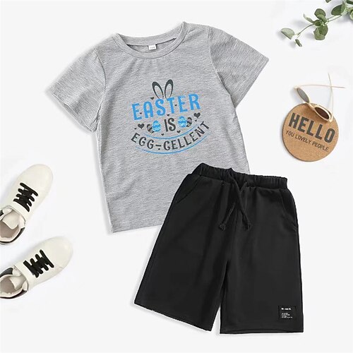 

2 Dele Baby Unisex Påske T-shirt & Shorts Outfit Grafisk Hjerte Bogstaver Kortærmet Snørelukning Sæt udendørs Sød Stil Daglig Sommer Forår 3-12 år Multifarvet