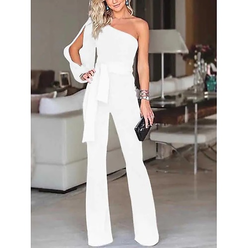 

Jumpsuit / Pantsuit Gjestekjoler til bryllup Sexy Kjole Bryllupsfest Gulvlengde Langermet Enskuldret Elastisk chiffon med Ren Farge Med stropper 2023