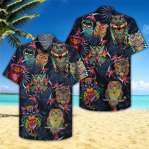 

Hombre Camisa camisa hawaiana Búho Estampados Cuello Vuelto Azul Marino Calle Casual Mangas cortas Abotonar Estampado Ropa Tropical Moda Ropa de calle Hawaiano