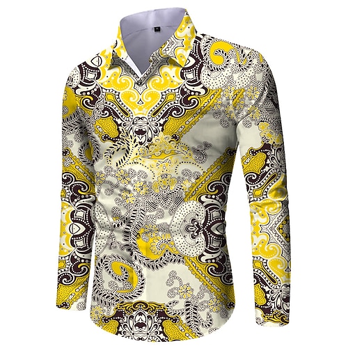 

Hombre Camisa Floral Estampados Cuello Vuelto Amarillo Exterior Calle Manga Larga Abotonar Estampado Ropa Deportes Moda Ropa de calle Design