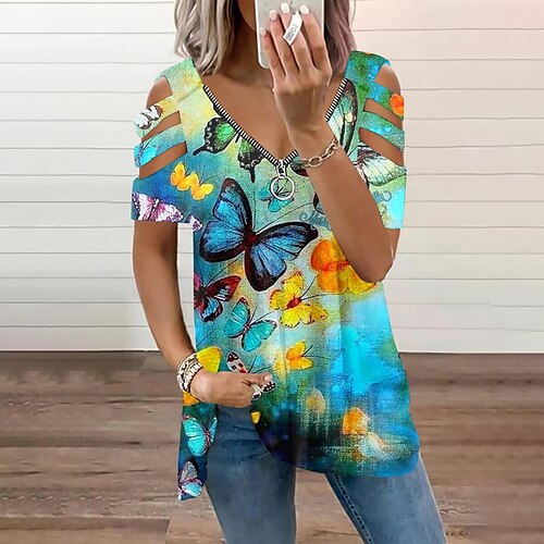 

Mujer Camisa Saliendo de la parte superior Blusa Copas de concierto Negro Azul Piscina Verde Trébol Mariposa Cortado Cremallera de un cuarto Manga Corta Casual Básico Escote en Pico Regular Algodón