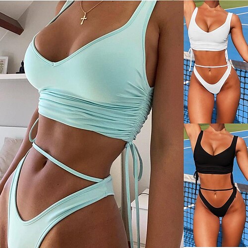 

Women's Swimwear Bikini Normal Swimsuit 2 Piece Solid Color Light lake blue Black White Bathing Suits Sports Summer