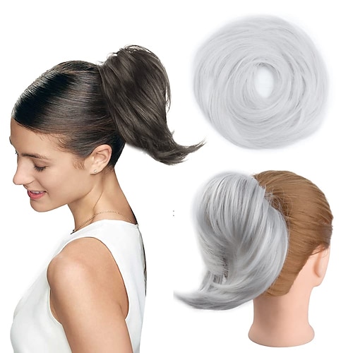 

grå rotete bolle-hårstykke syntetisk bølget krøllete chignon rufsete oppsatt hårforlengelse tykk hestehale med elastisk gummibånd updo rotete boller scrunchies hårstykker for kvinner