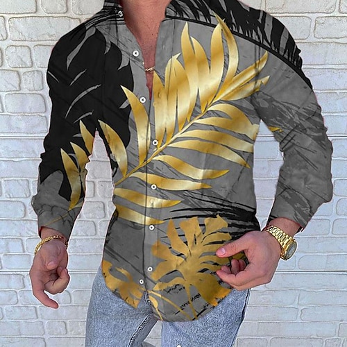 

Men's Shirt Summer Hawaiian Shirt Graphic Prints Leaves Turndown Gray Outdoor Street Long Sleeve Button-Down Print Clothing Apparel Tropical Fashion Streetwear Hawaiian